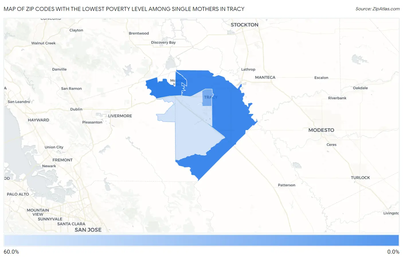 Zip Codes with the Lowest Poverty Level Among Single Mothers in Tracy Map