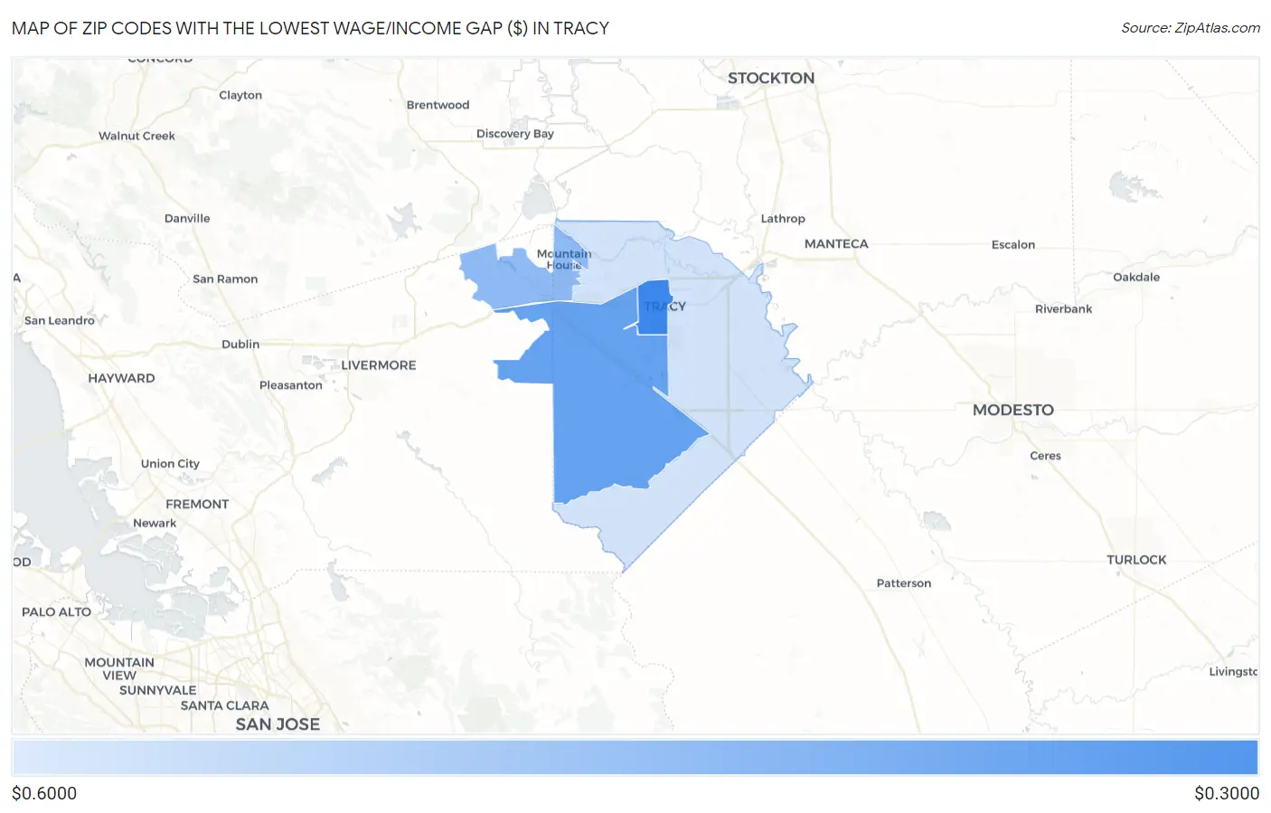 Zip Codes with the Lowest Wage/Income Gap ($) in Tracy Map