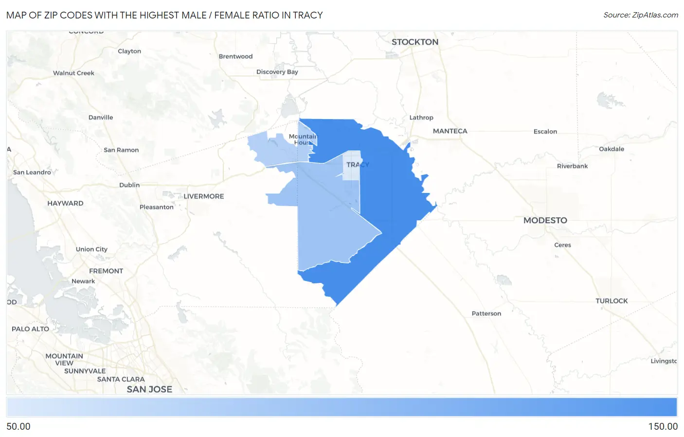 Zip Codes with the Highest Male / Female Ratio in Tracy Map