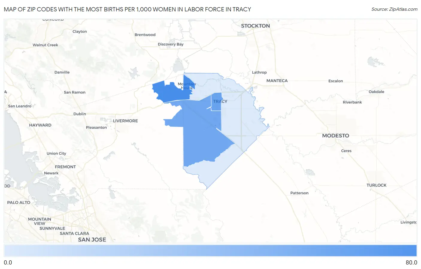 Zip Codes with the Most Births per 1,000 Women in Labor Force in Tracy Map