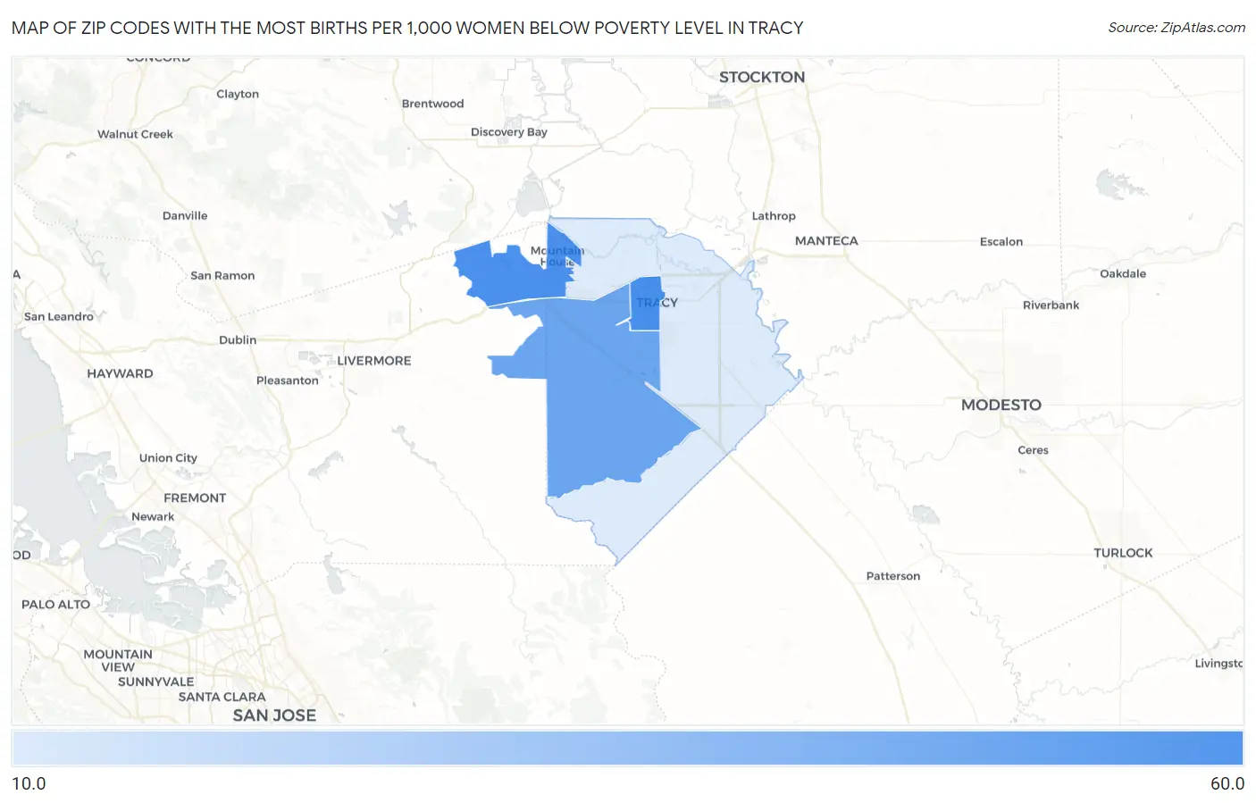 Zip Codes with the Most Births per 1,000 Women Below Poverty Level in Tracy Map