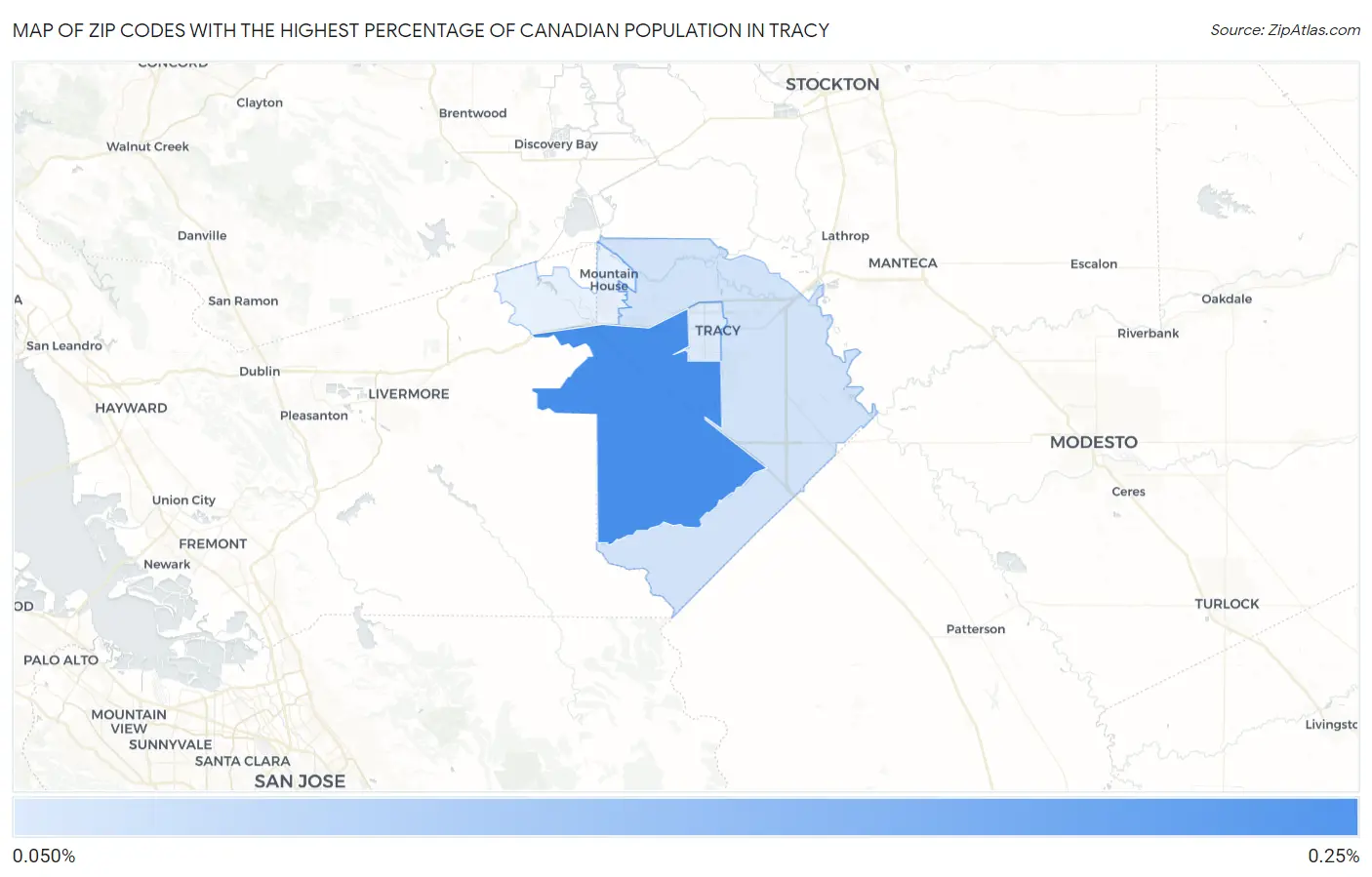 Zip Codes with the Highest Percentage of Canadian Population in Tracy Map