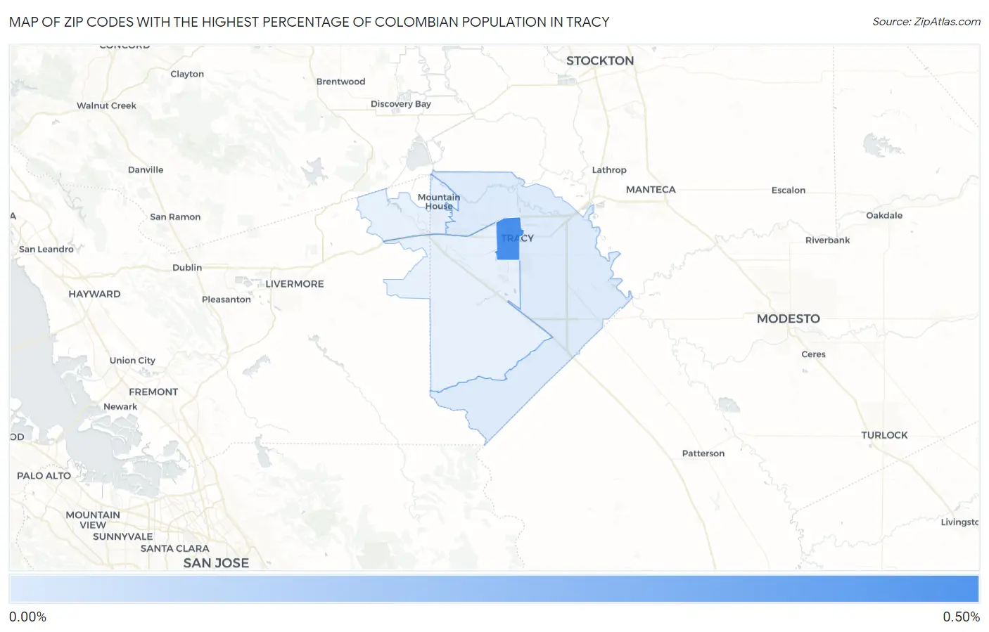 Zip Codes with the Highest Percentage of Colombian Population in Tracy Map