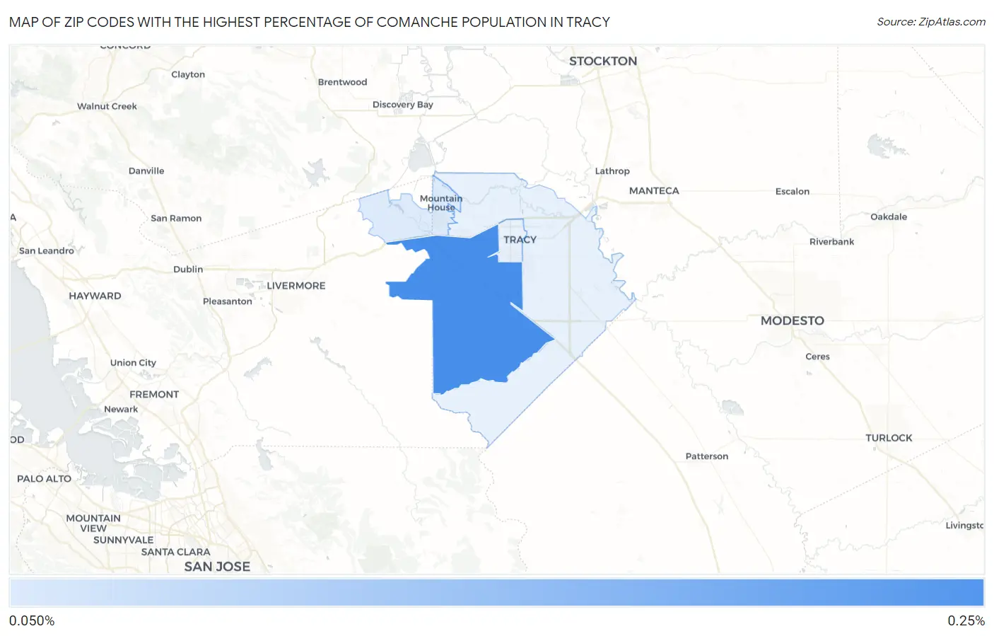 Zip Codes with the Highest Percentage of Comanche Population in Tracy Map
