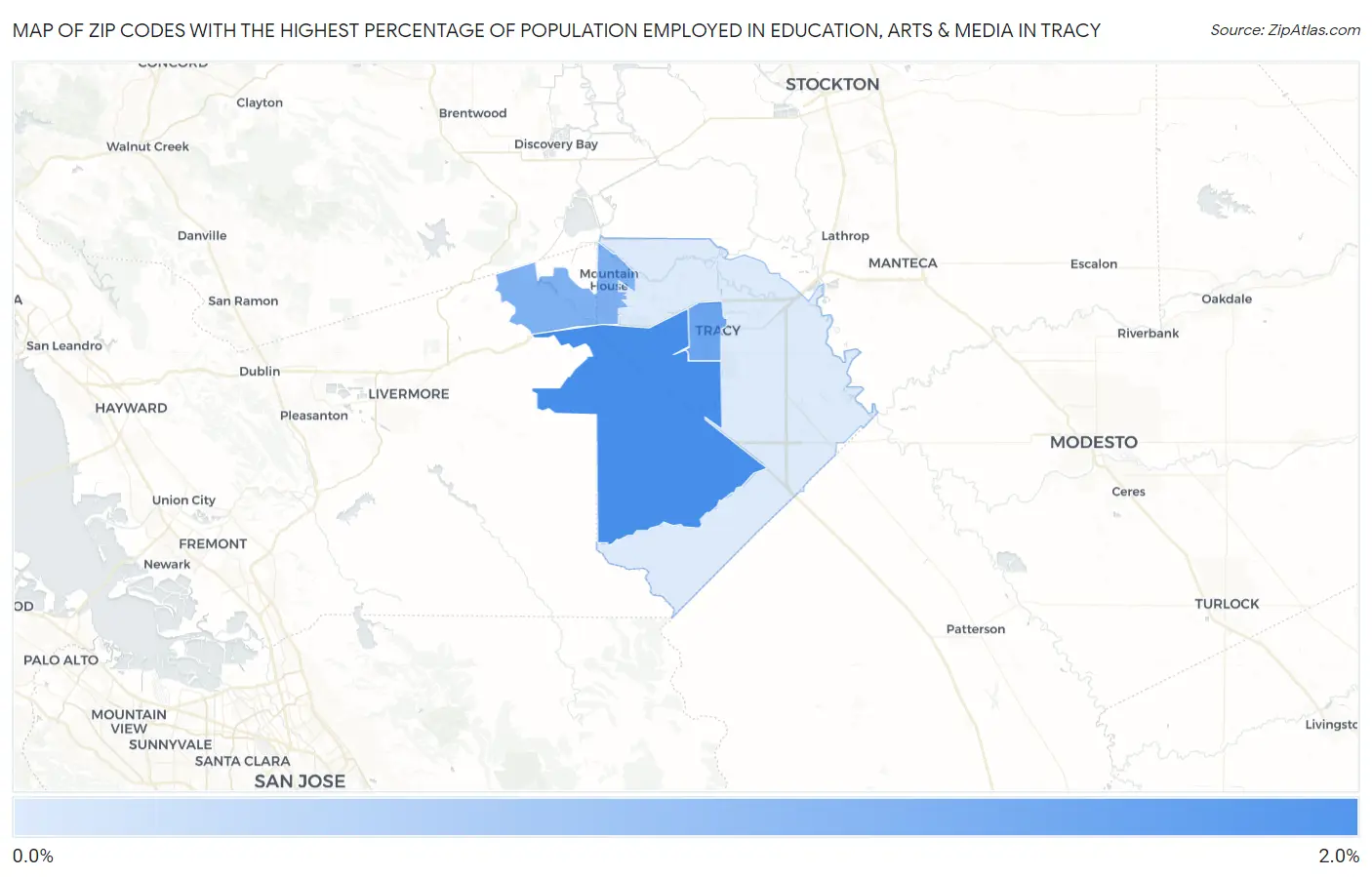 Zip Codes with the Highest Percentage of Population Employed in Education, Arts & Media in Tracy Map