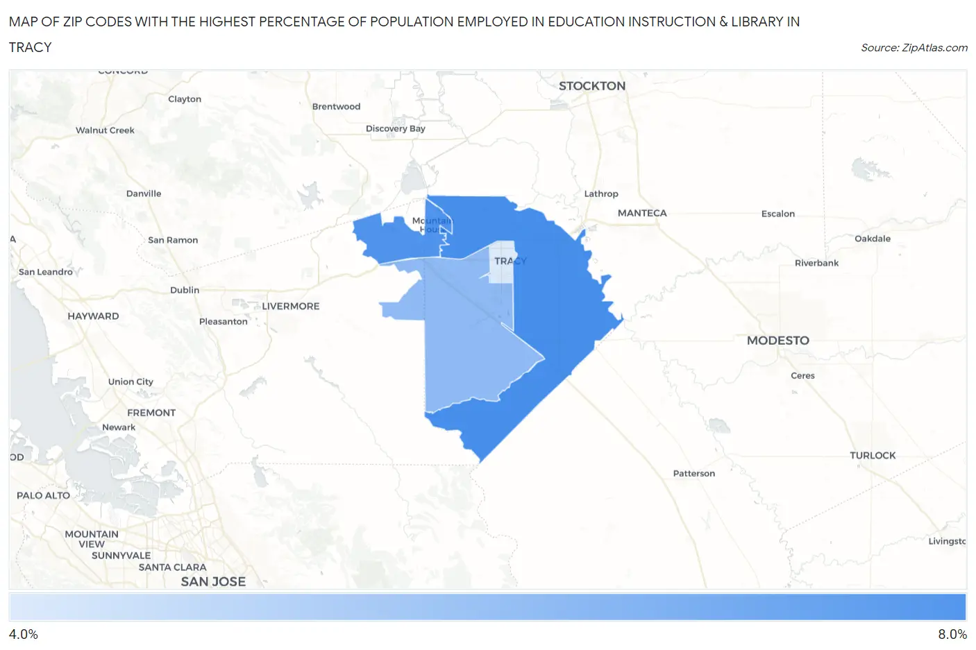 Zip Codes with the Highest Percentage of Population Employed in Education Instruction & Library in Tracy Map