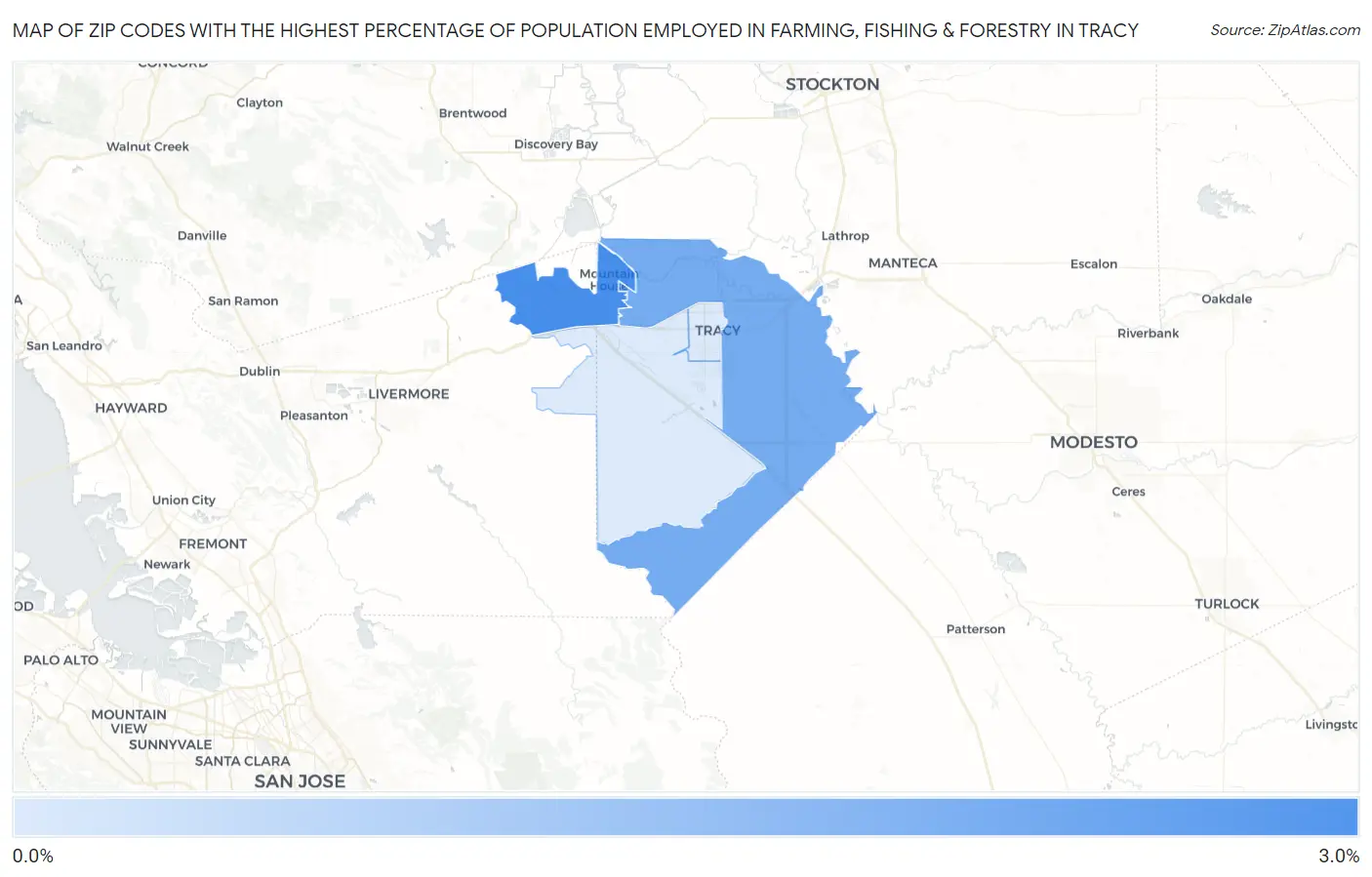 Zip Codes with the Highest Percentage of Population Employed in Farming, Fishing & Forestry in Tracy Map