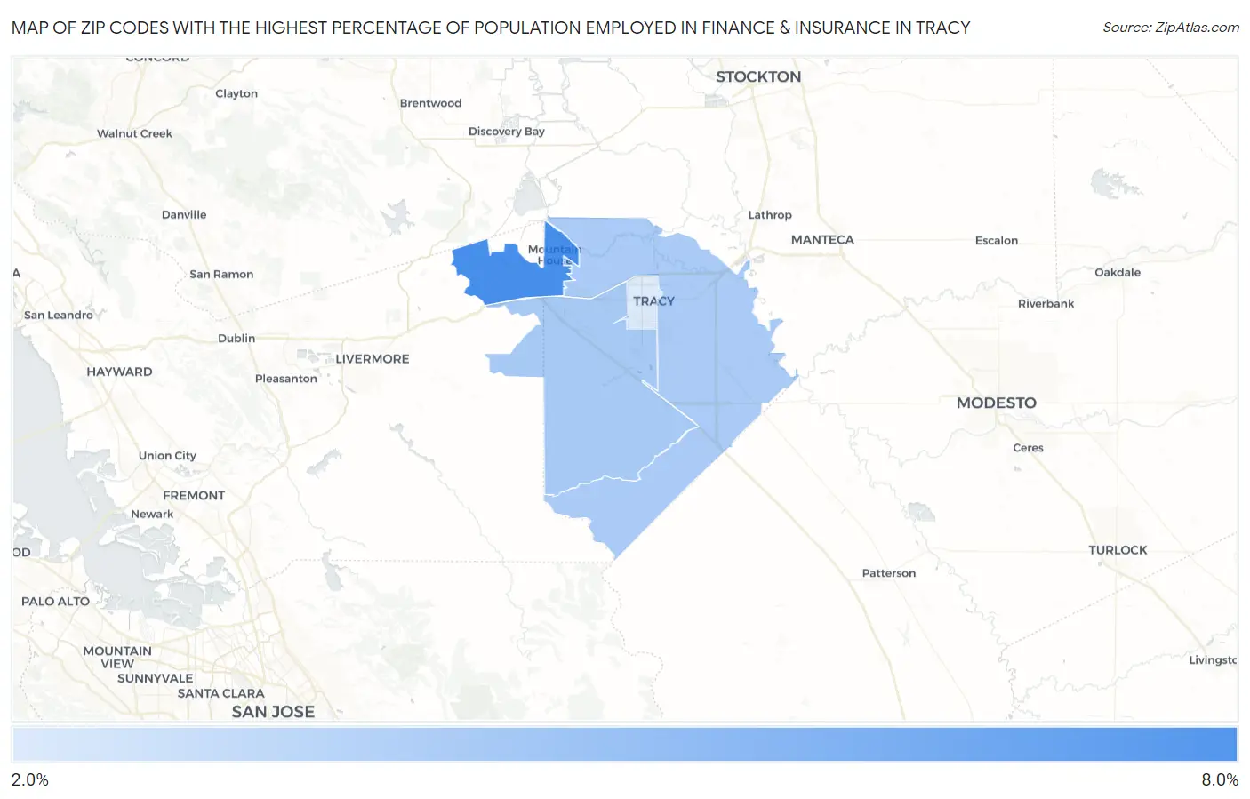 Zip Codes with the Highest Percentage of Population Employed in Finance & Insurance in Tracy Map