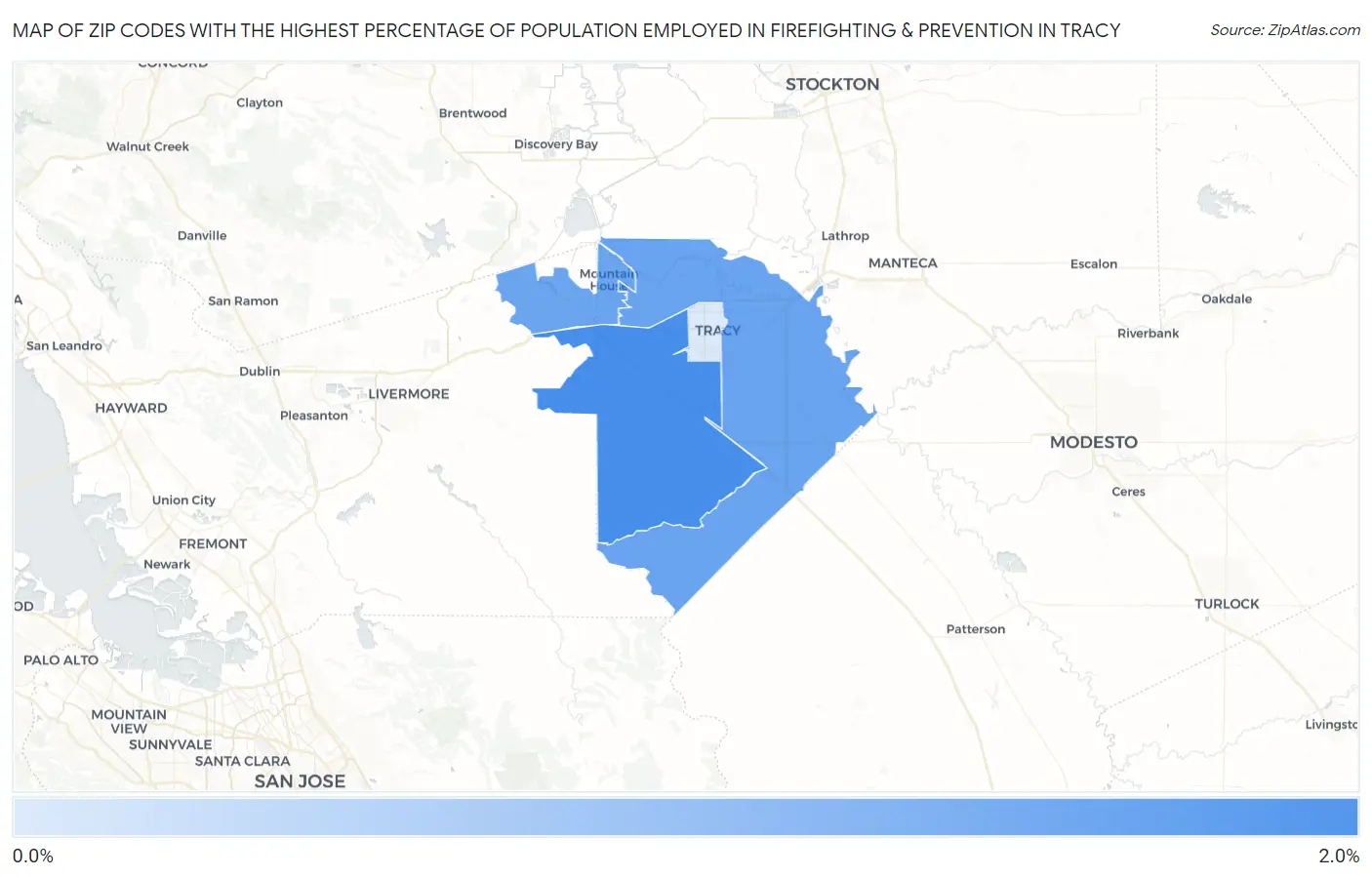 Zip Codes with the Highest Percentage of Population Employed in Firefighting & Prevention in Tracy Map