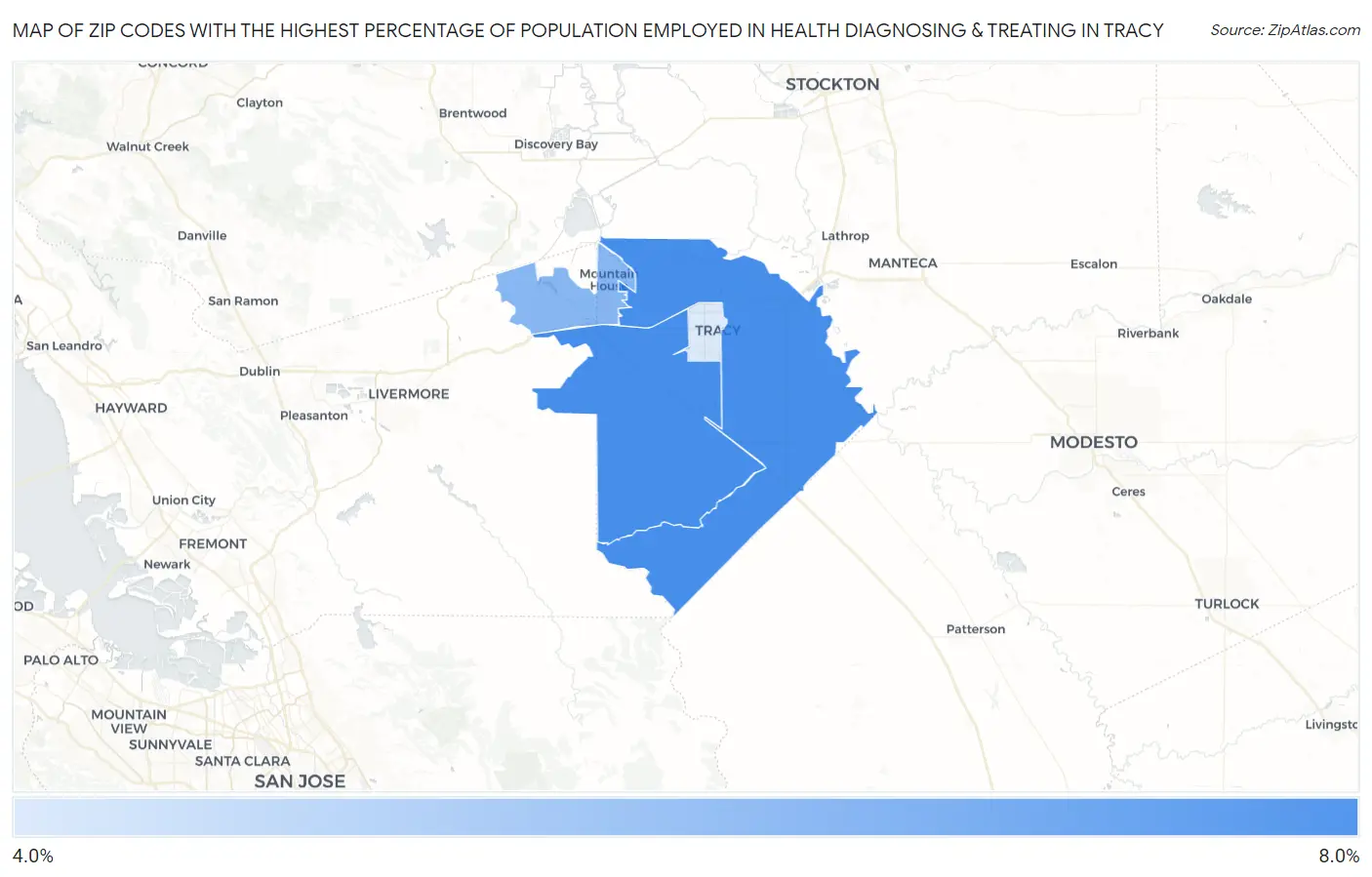 Zip Codes with the Highest Percentage of Population Employed in Health Diagnosing & Treating in Tracy Map