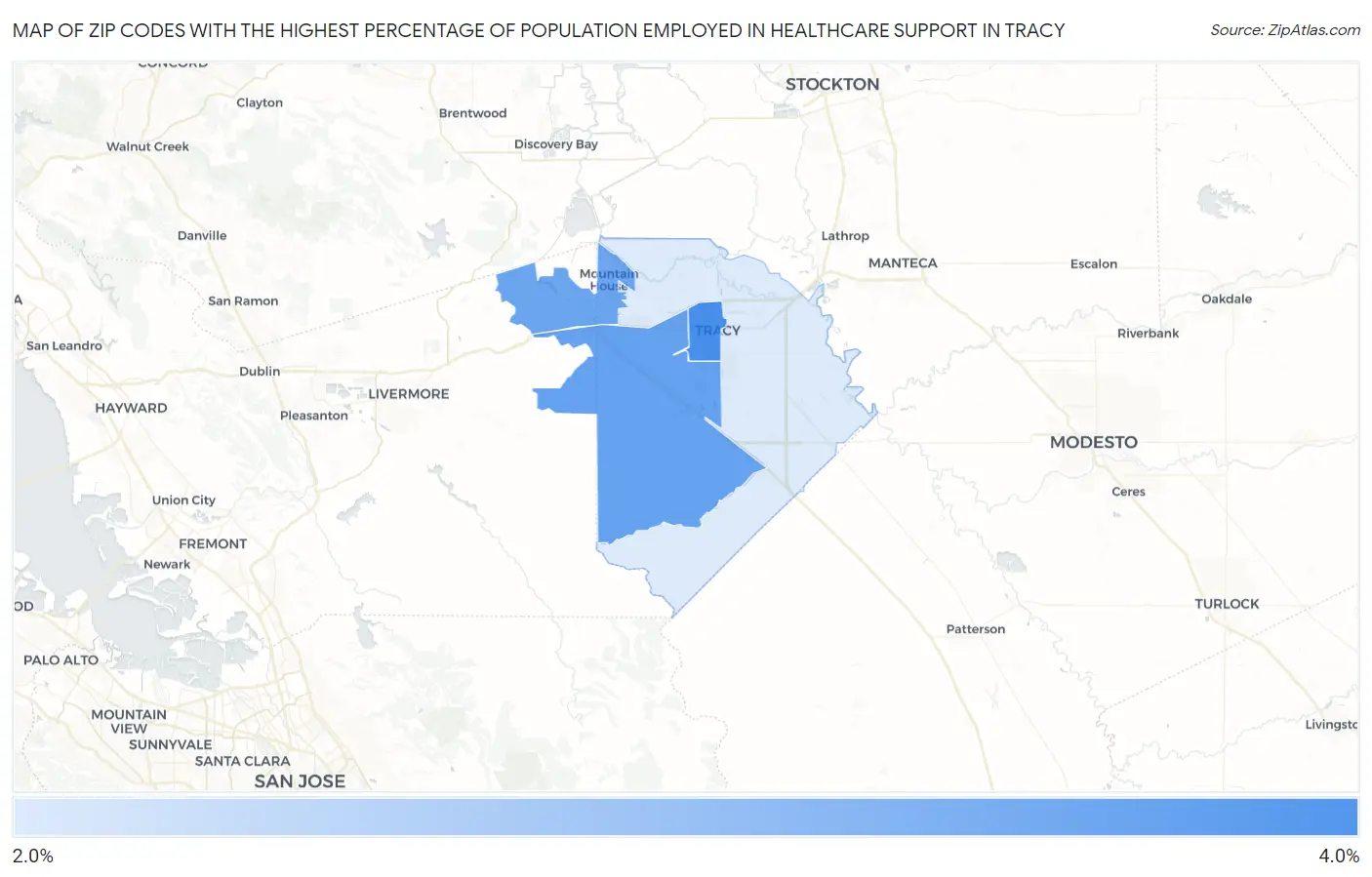 Zip Codes with the Highest Percentage of Population Employed in Healthcare Support in Tracy Map