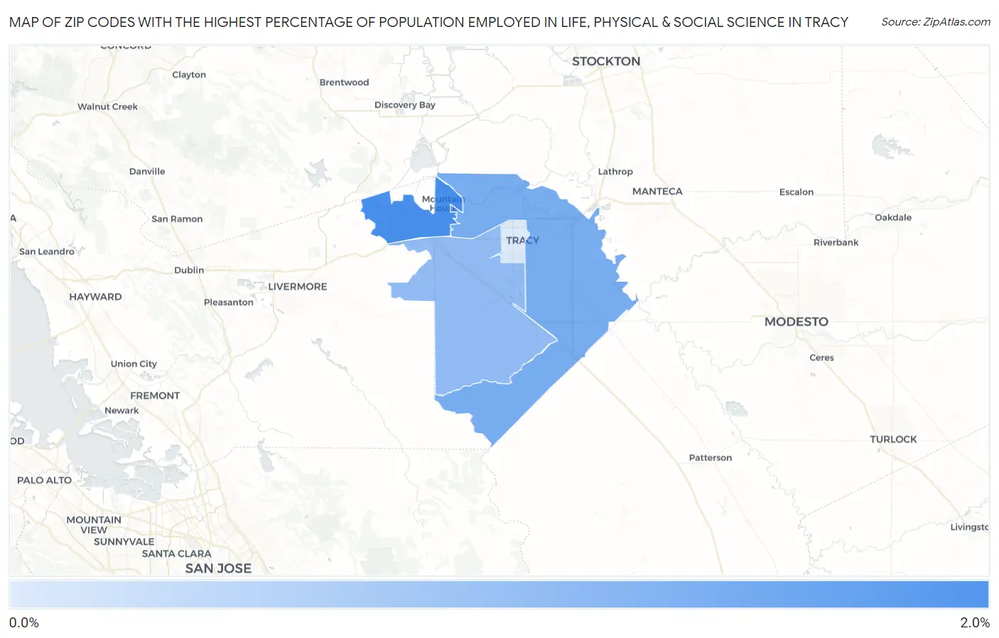 Zip Codes with the Highest Percentage of Population Employed in Life, Physical & Social Science in Tracy Map