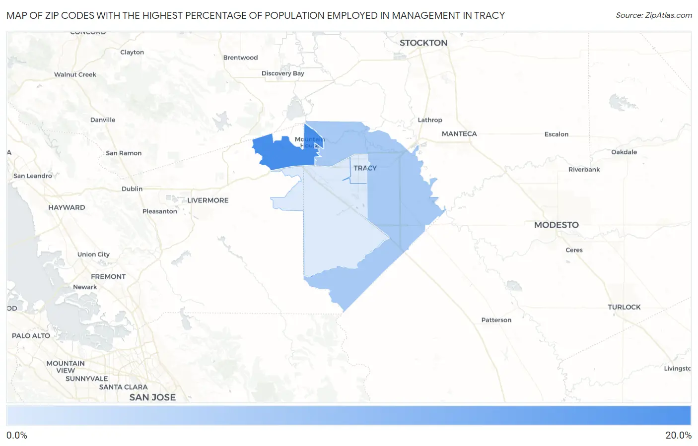 Zip Codes with the Highest Percentage of Population Employed in Management in Tracy Map