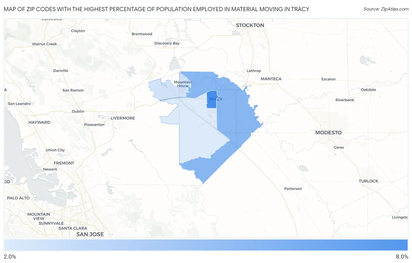 Zip Codes with the Highest Percentage of Population Employed in Material Moving in Tracy Map