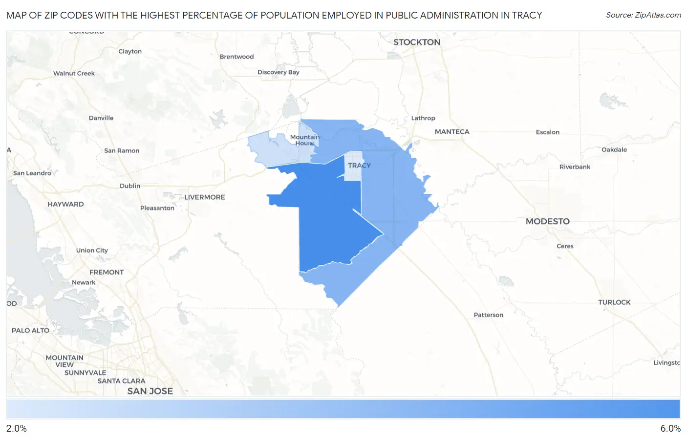 Zip Codes with the Highest Percentage of Population Employed in Public Administration in Tracy Map
