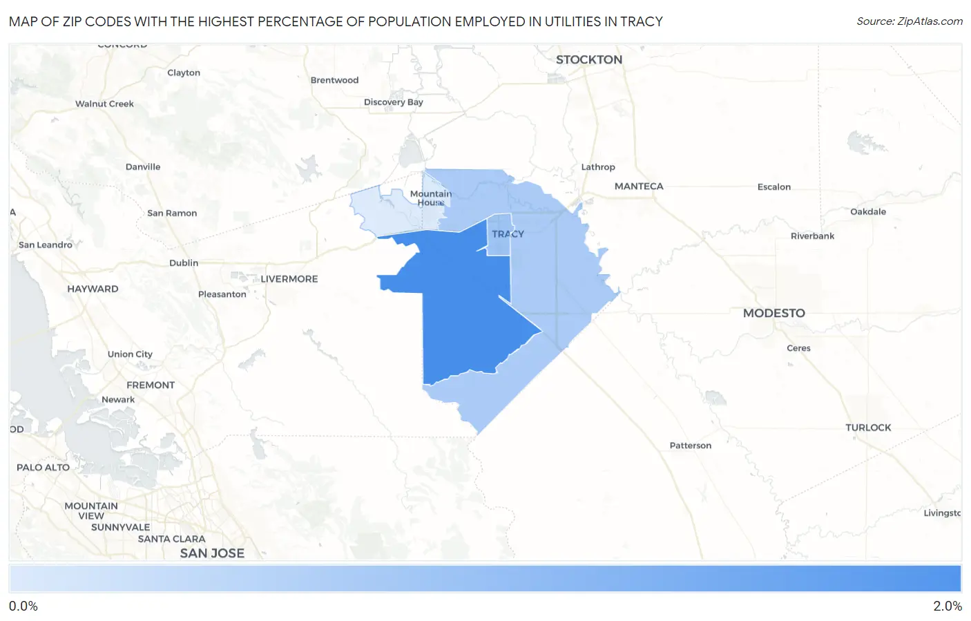Zip Codes with the Highest Percentage of Population Employed in Utilities in Tracy Map
