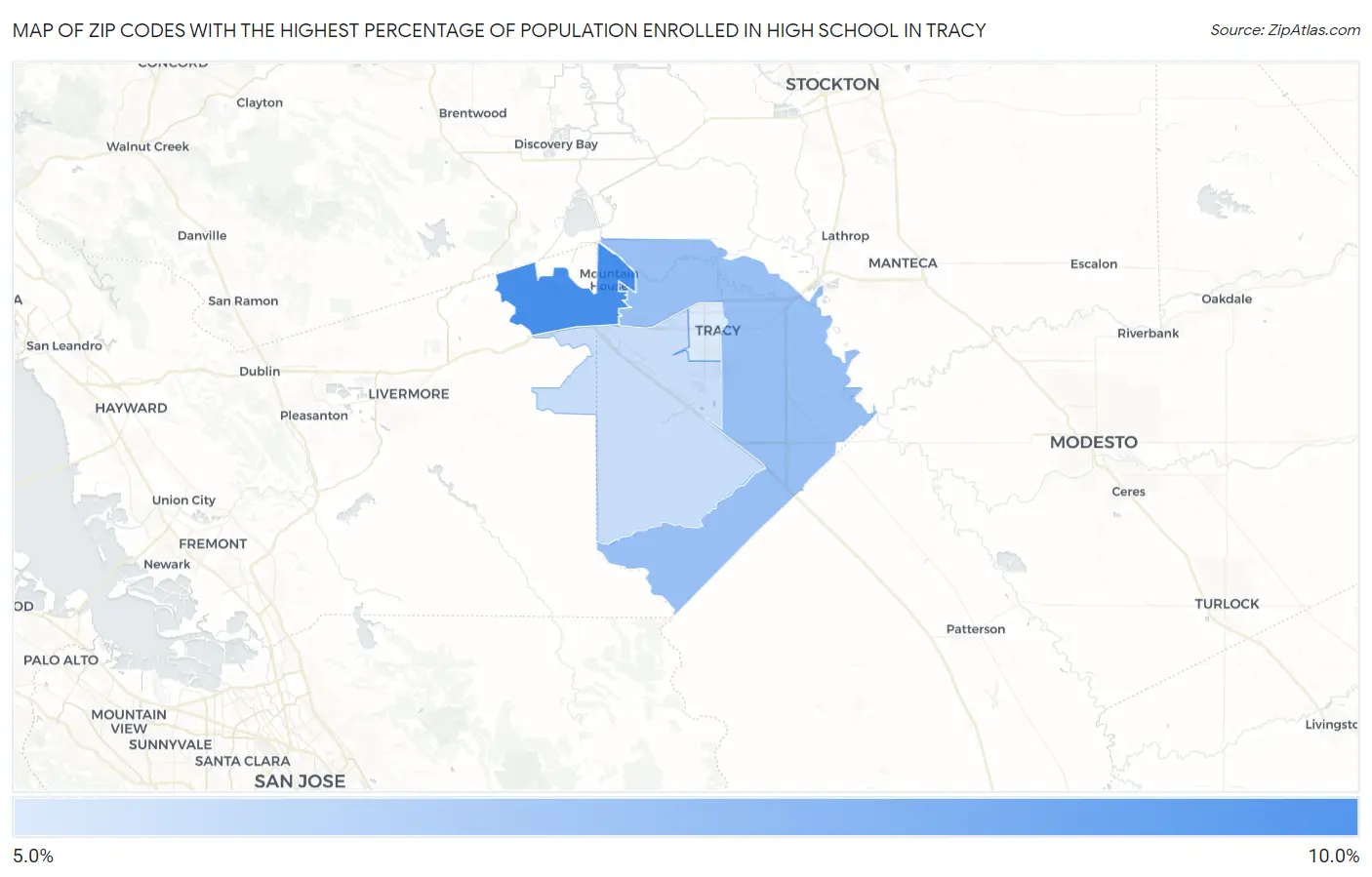 Zip Codes with the Highest Percentage of Population Enrolled in High School in Tracy Map