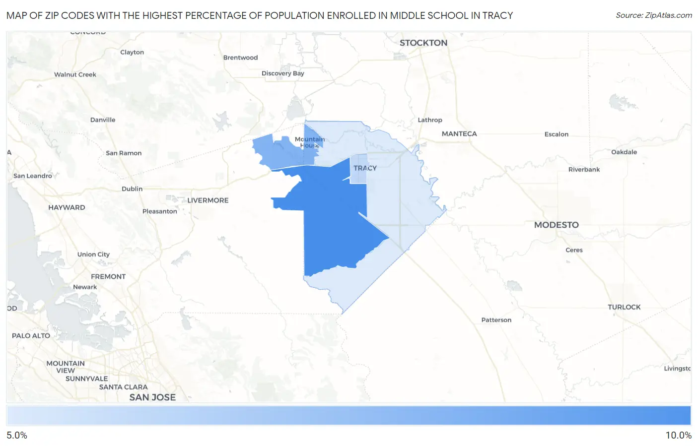 Zip Codes with the Highest Percentage of Population Enrolled in Middle School in Tracy Map