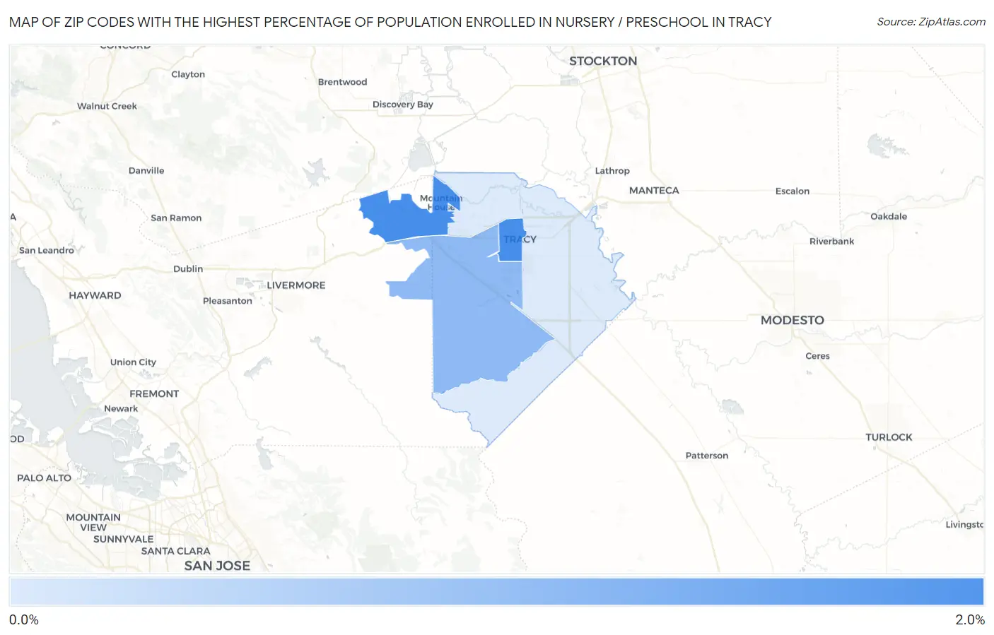 Zip Codes with the Highest Percentage of Population Enrolled in Nursery / Preschool in Tracy Map