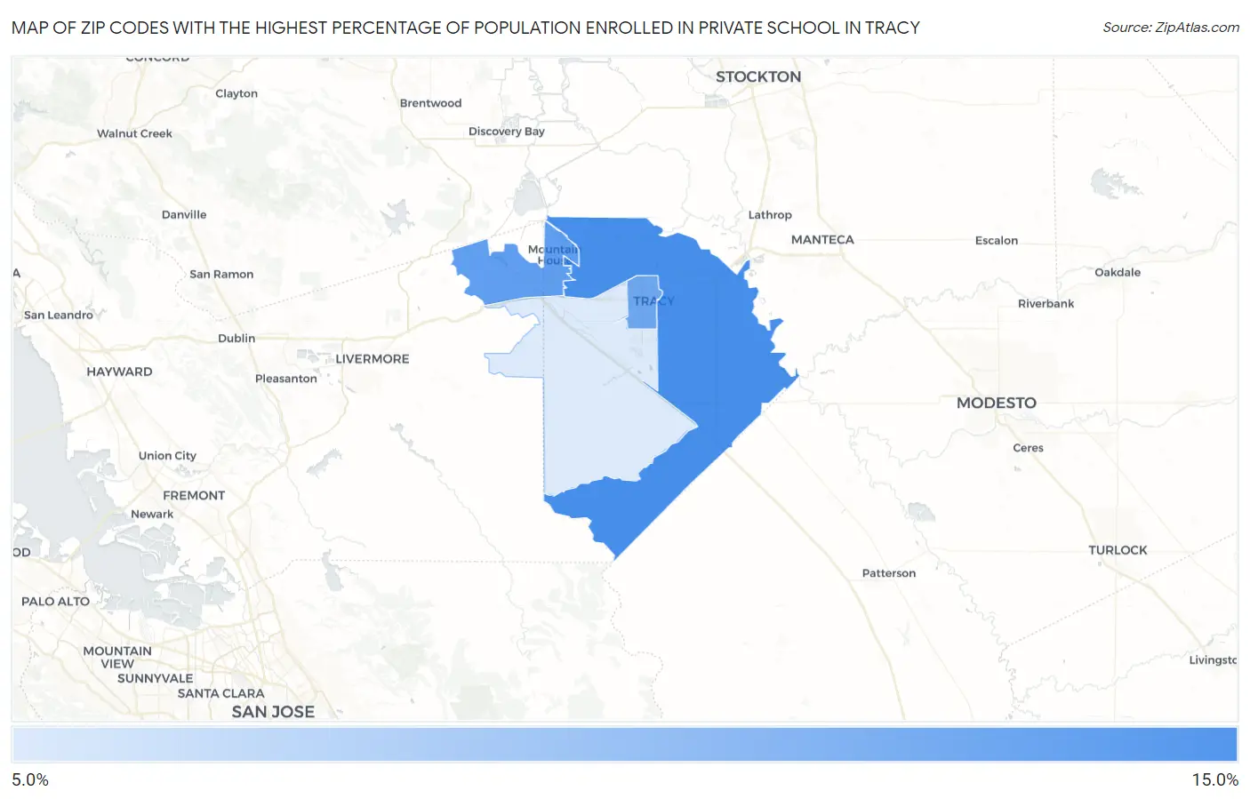 Zip Codes with the Highest Percentage of Population Enrolled in Private School in Tracy Map