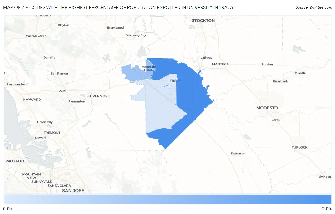 Zip Codes with the Highest Percentage of Population Enrolled in University in Tracy Map