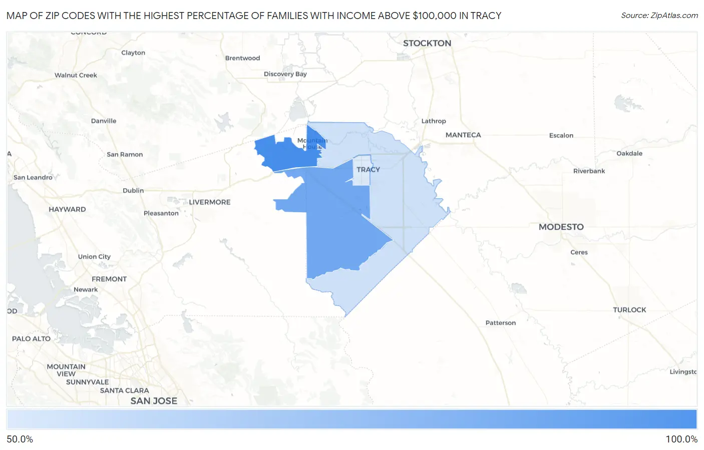 Zip Codes with the Highest Percentage of Families with Income Above $100,000 in Tracy Map