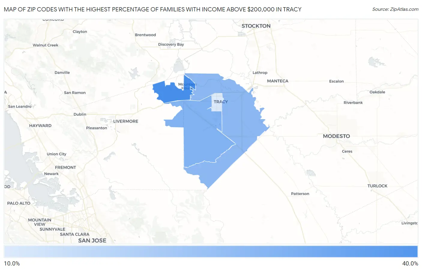 Zip Codes with the Highest Percentage of Families with Income Above $200,000 in Tracy Map