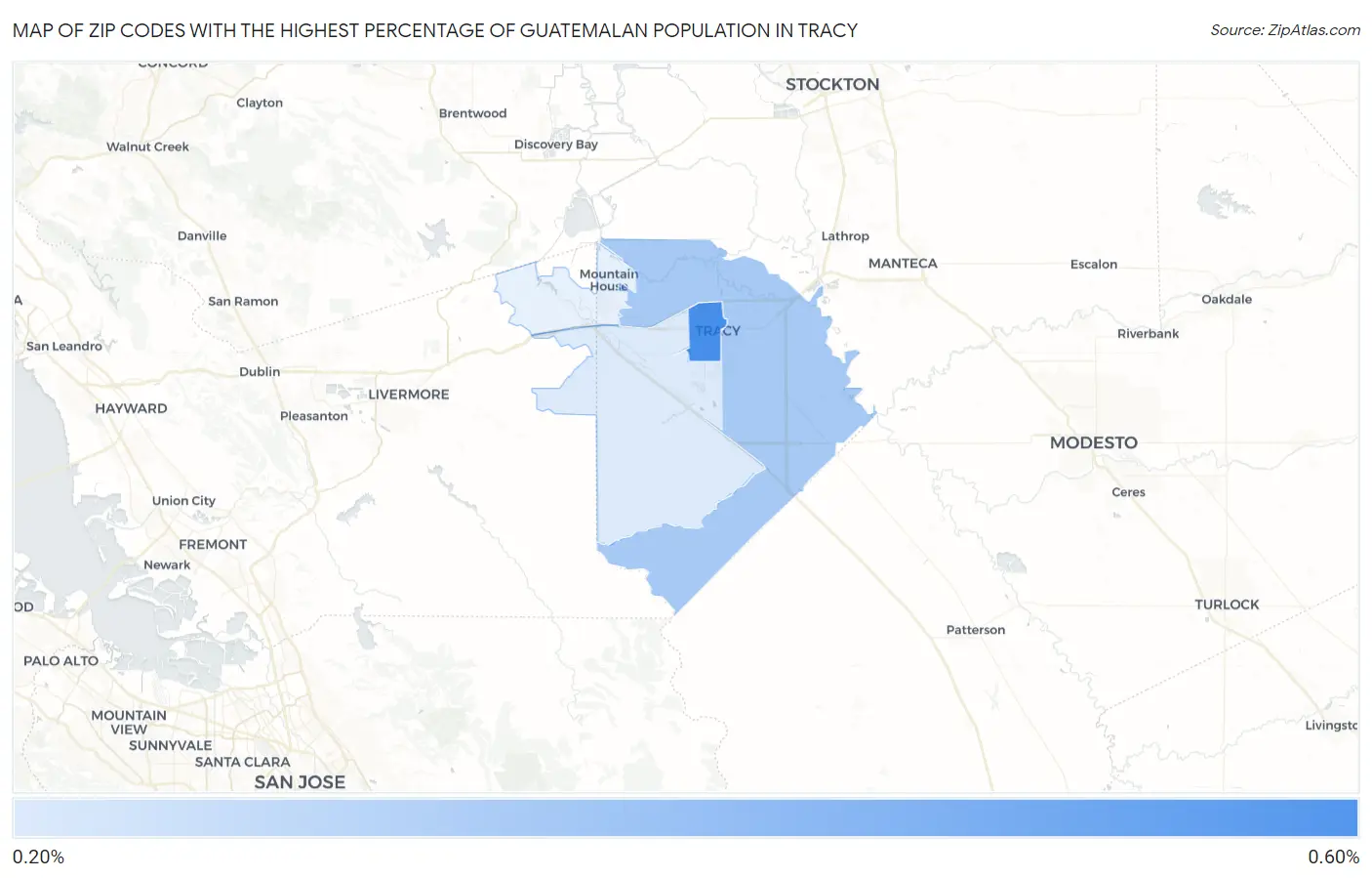 Zip Codes with the Highest Percentage of Guatemalan Population in Tracy Map