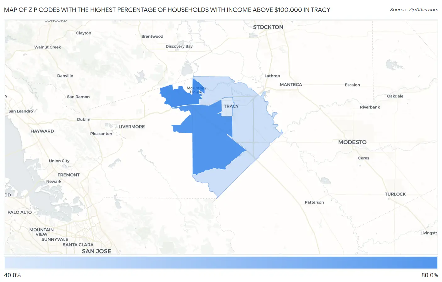 Zip Codes with the Highest Percentage of Households with Income Above $100,000 in Tracy Map
