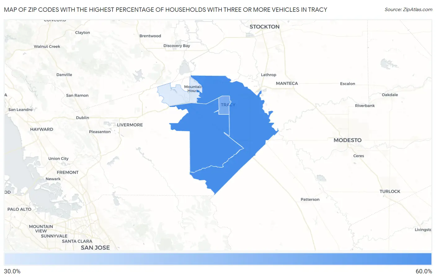 Zip Codes with the Highest Percentage of Households With Three or more Vehicles in Tracy Map