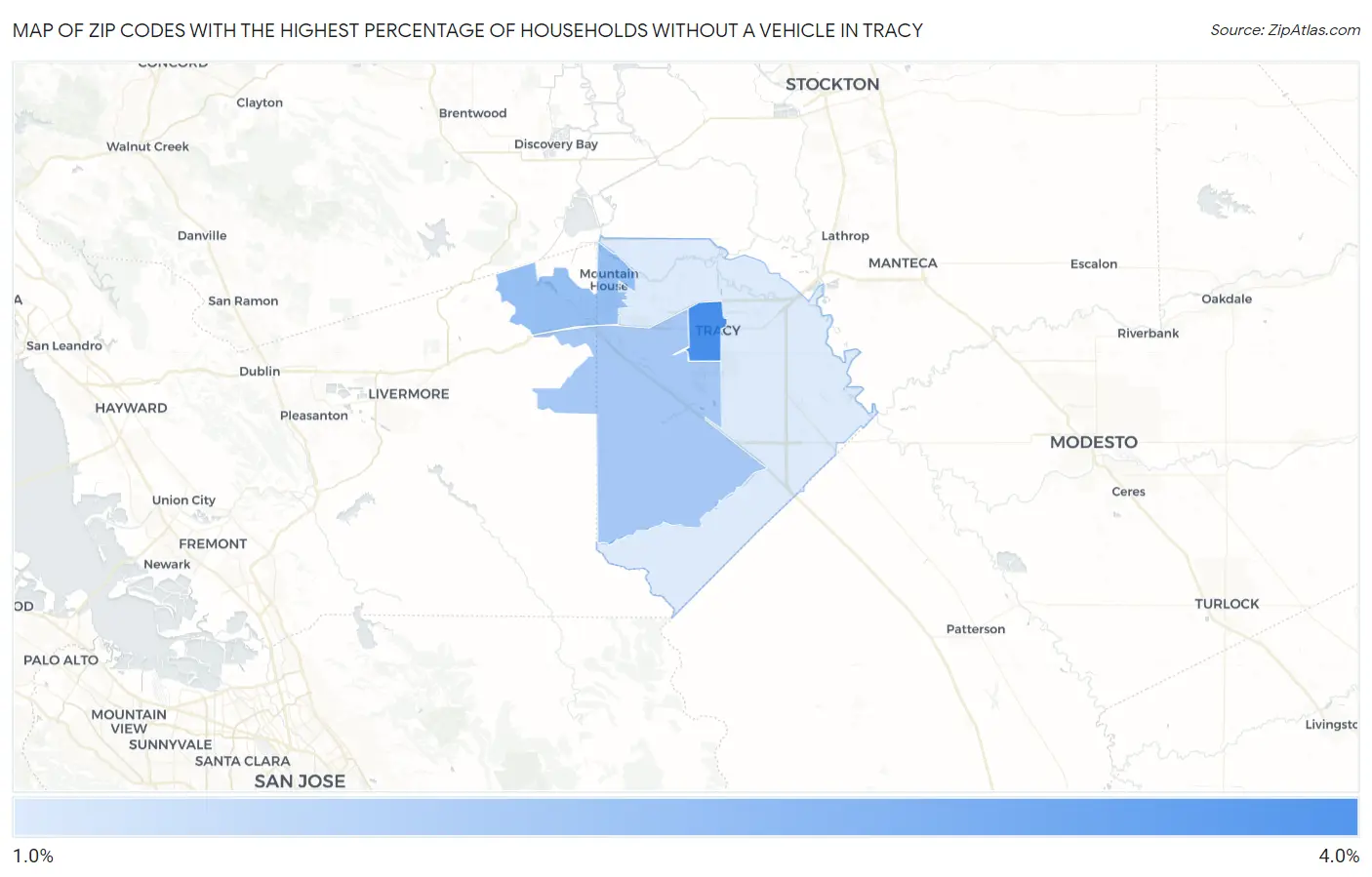 Zip Codes with the Highest Percentage of Households Without a Vehicle in Tracy Map