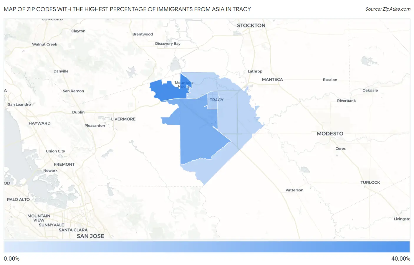 Zip Codes with the Highest Percentage of Immigrants from Asia in Tracy Map