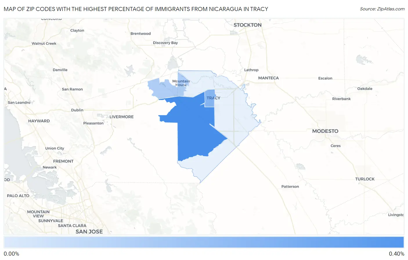 Zip Codes with the Highest Percentage of Immigrants from Nicaragua in Tracy Map