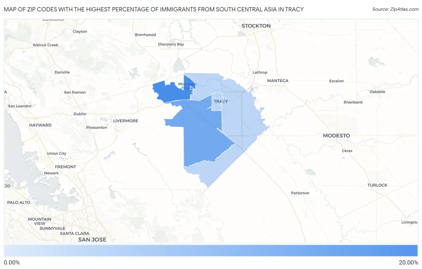 Zip Codes with the Highest Percentage of Immigrants from South Central Asia in Tracy Map