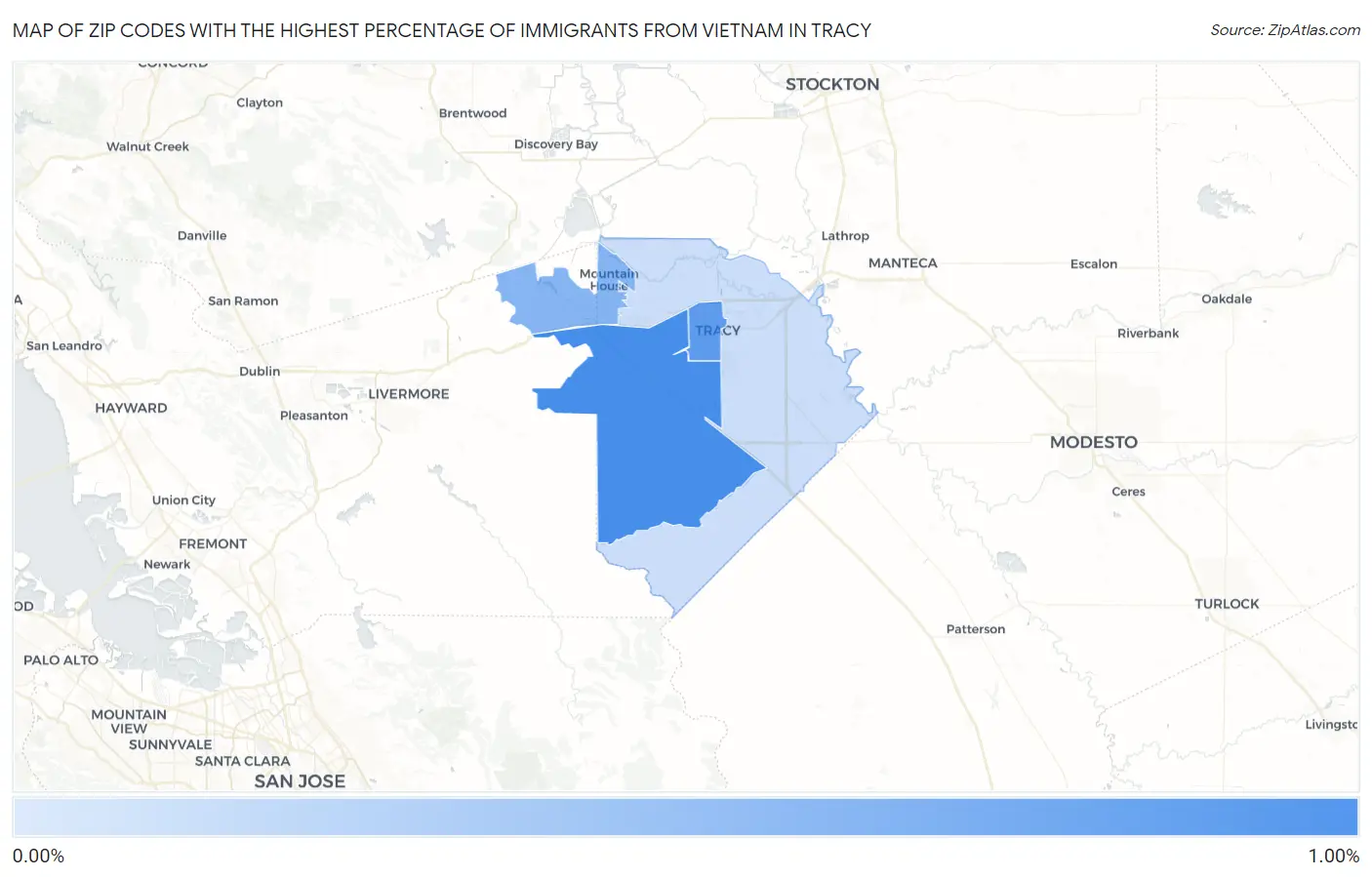 Zip Codes with the Highest Percentage of Immigrants from Vietnam in Tracy Map