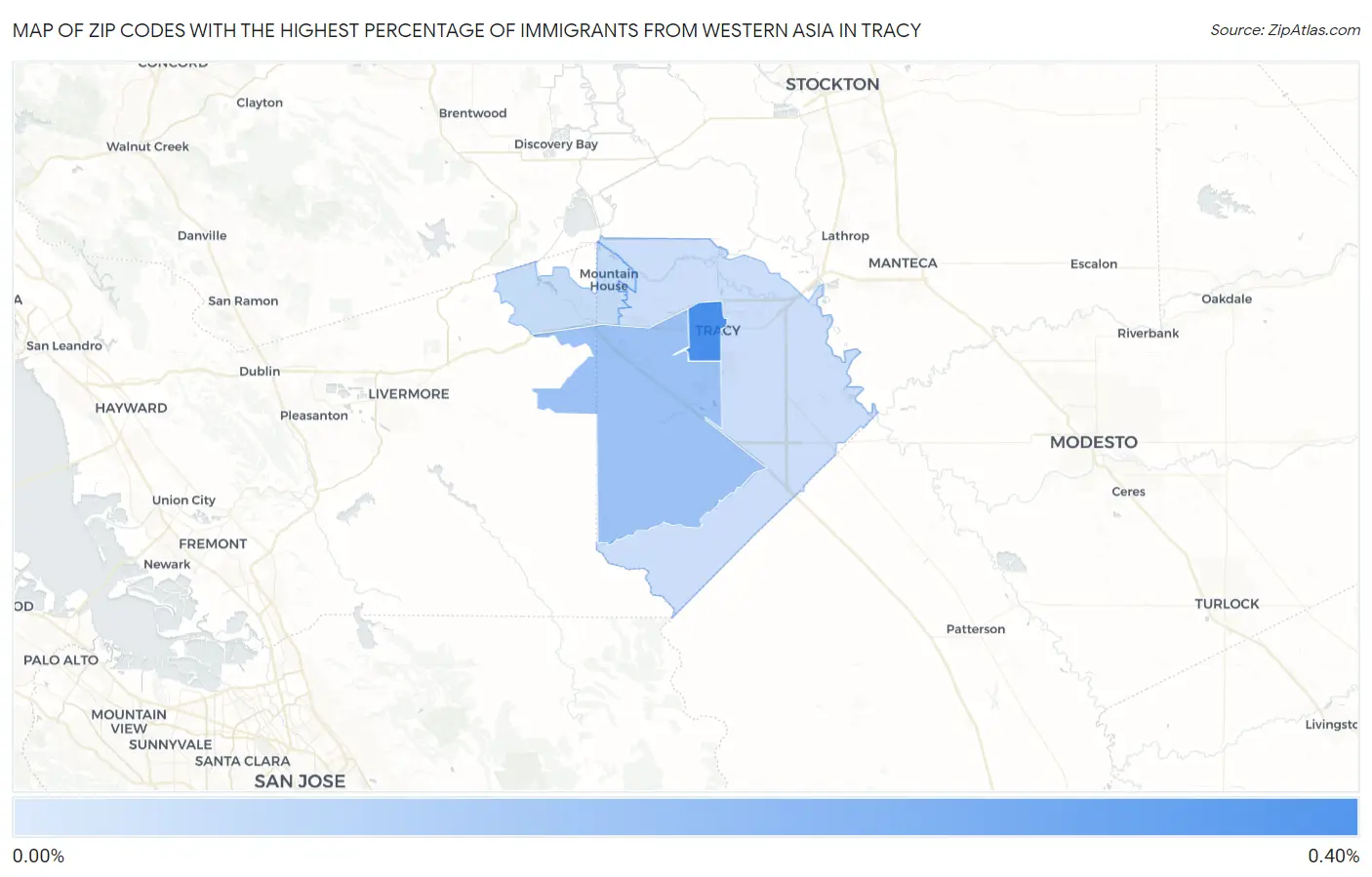Zip Codes with the Highest Percentage of Immigrants from Western Asia in Tracy Map
