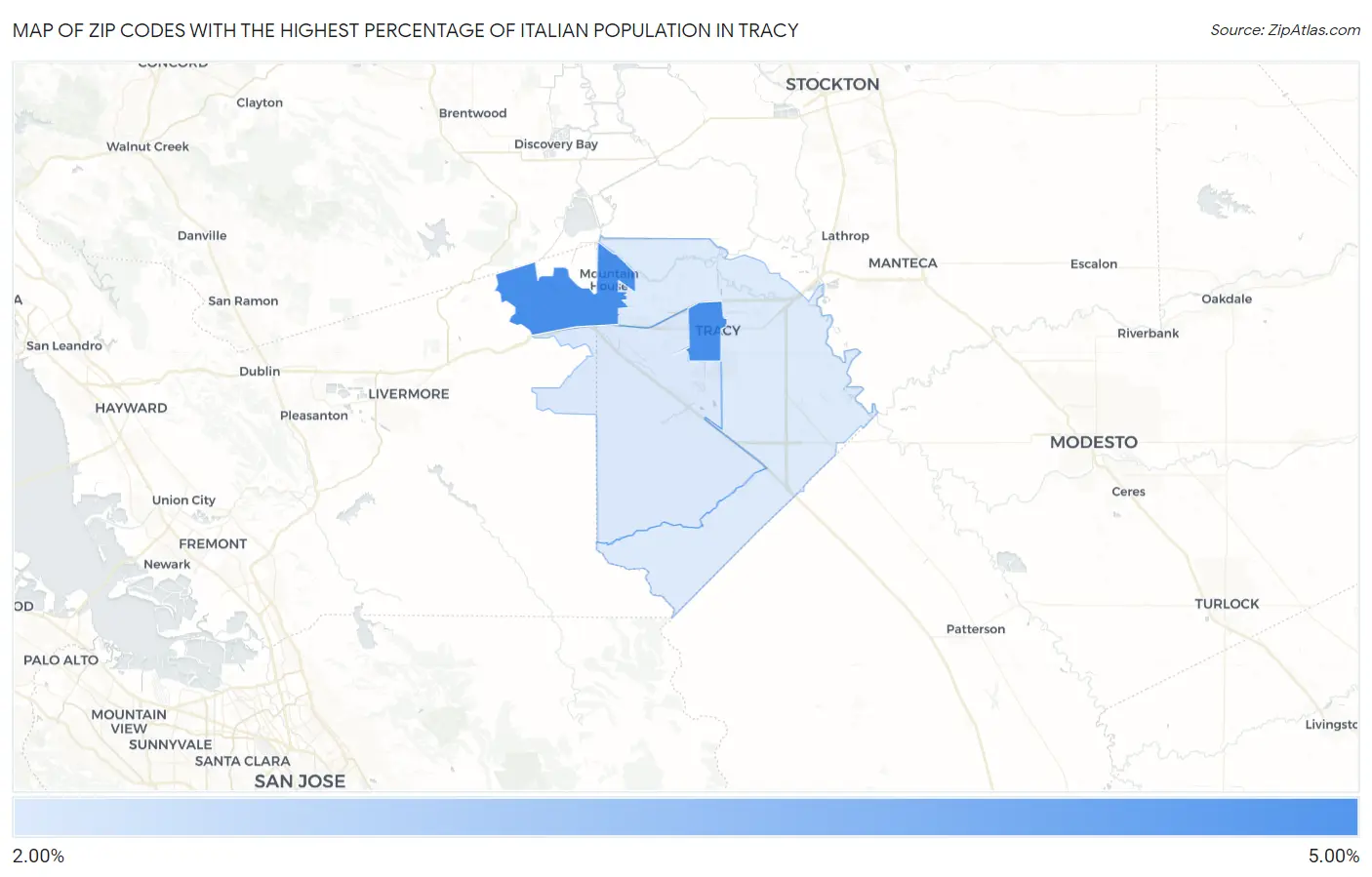 Zip Codes with the Highest Percentage of Italian Population in Tracy Map