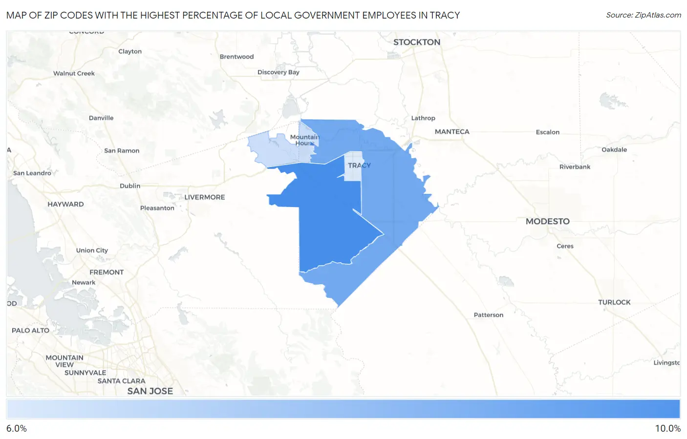 Zip Codes with the Highest Percentage of Local Government Employees in Tracy Map