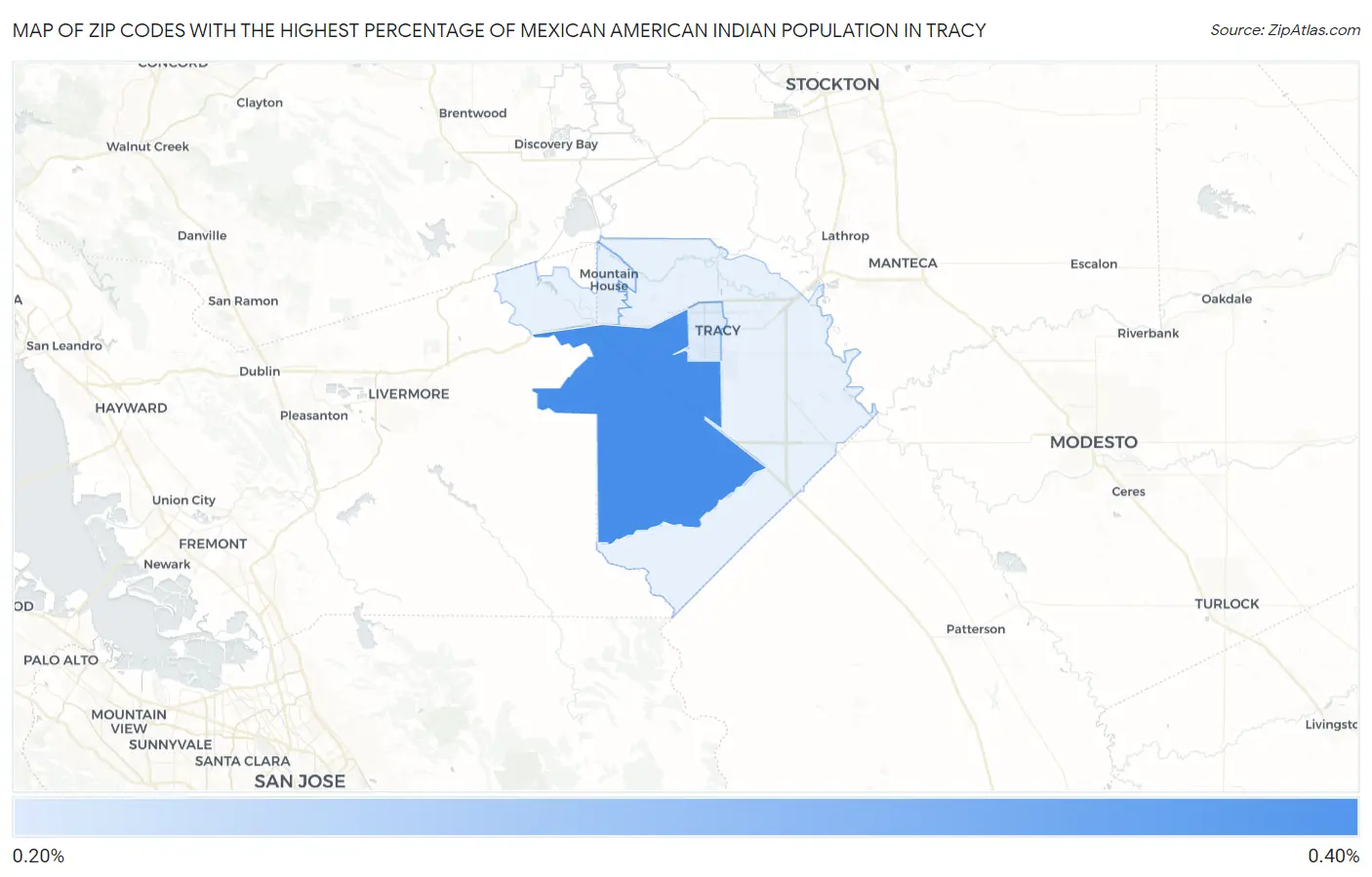 Zip Codes with the Highest Percentage of Mexican American Indian Population in Tracy Map