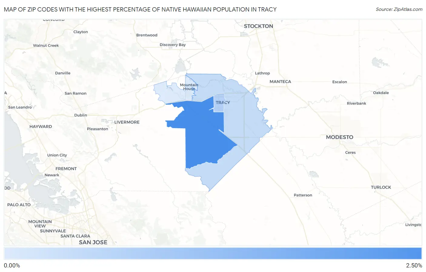 Zip Codes with the Highest Percentage of Native Hawaiian Population in Tracy Map