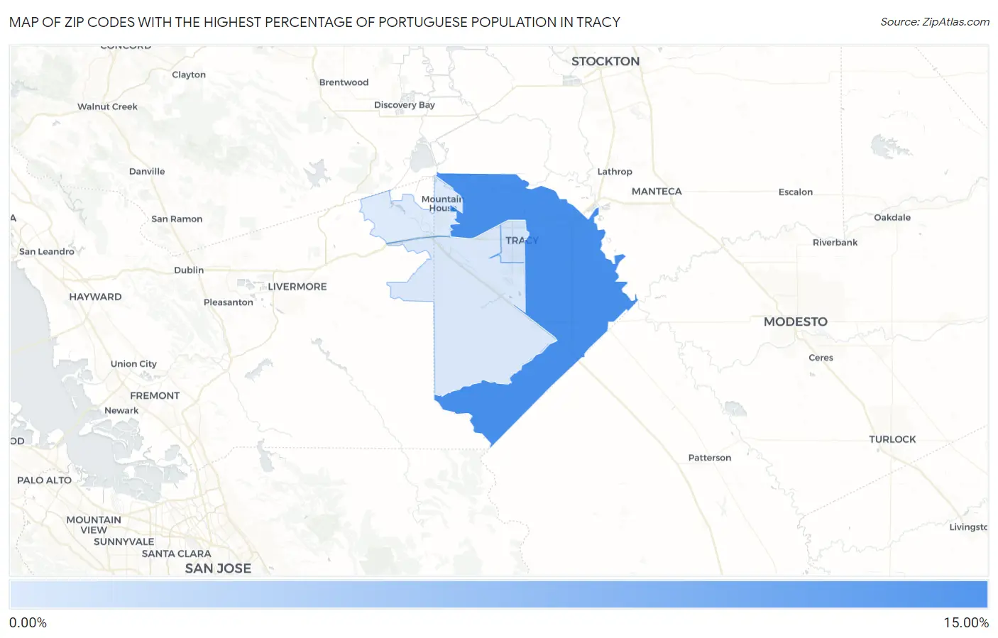 Zip Codes with the Highest Percentage of Portuguese Population in Tracy Map