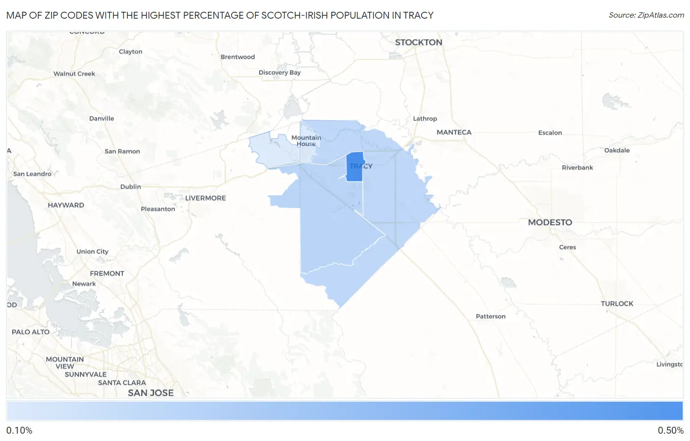 Zip Codes with the Highest Percentage of Scotch-Irish Population in Tracy Map