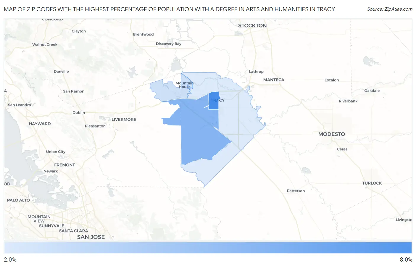 Zip Codes with the Highest Percentage of Population with a Degree in Arts and Humanities in Tracy Map
