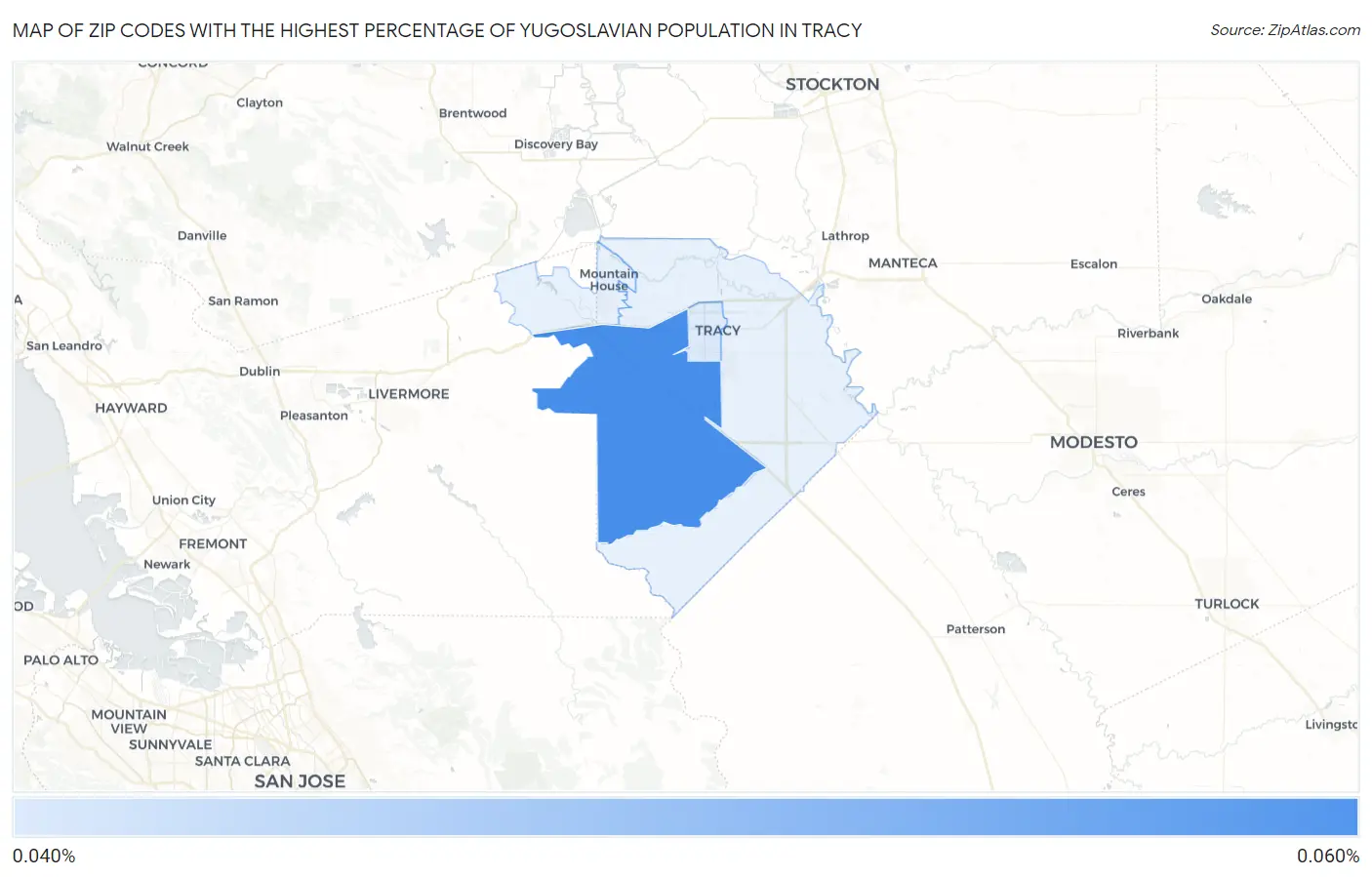 Zip Codes with the Highest Percentage of Yugoslavian Population in Tracy Map