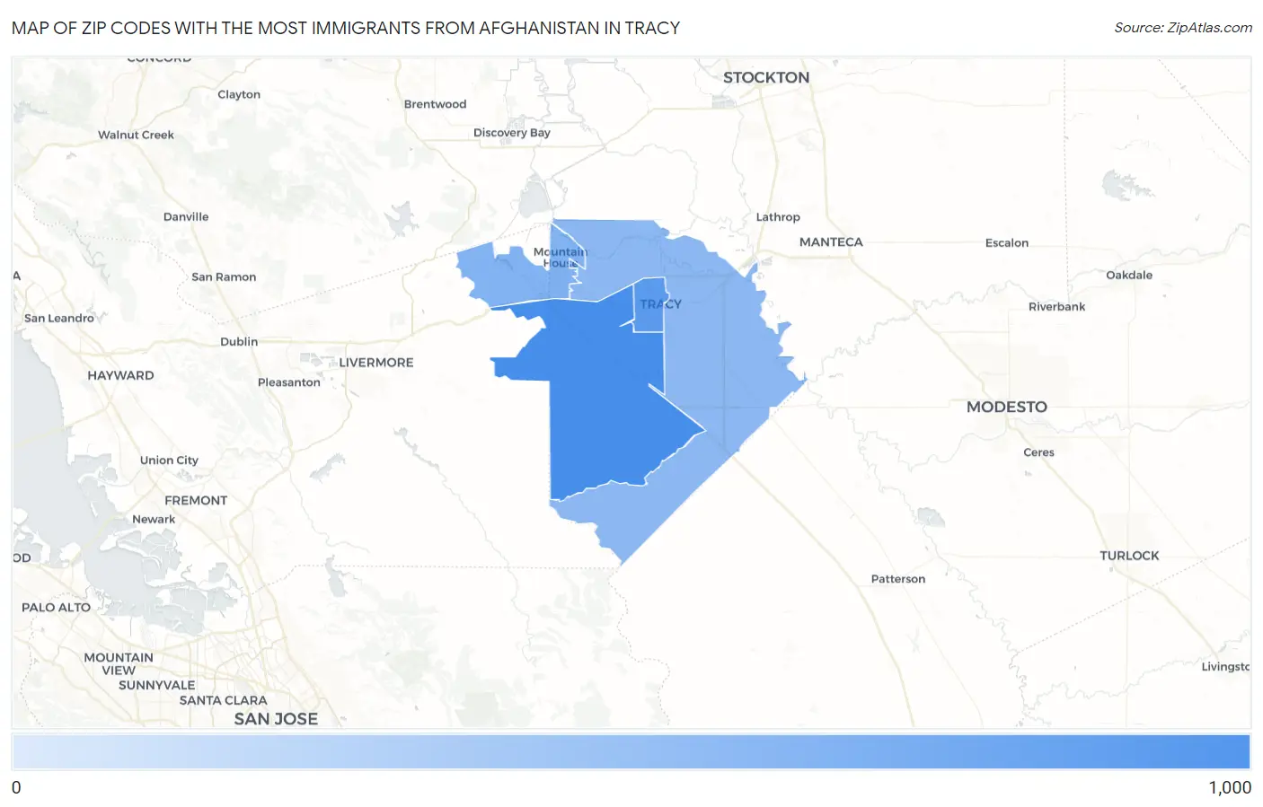 Zip Codes with the Most Immigrants from Afghanistan in Tracy Map