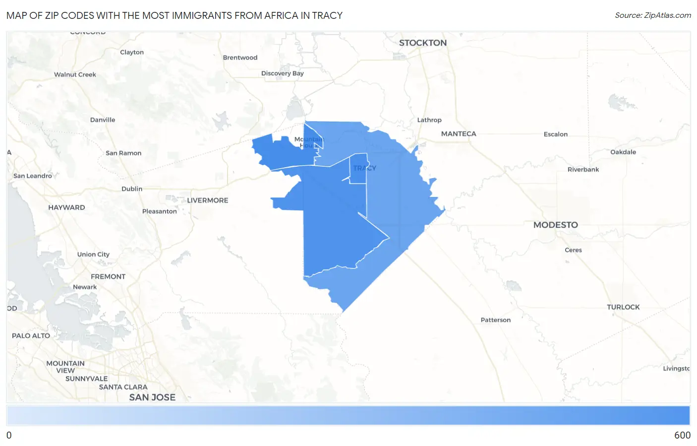 Zip Codes with the Most Immigrants from Africa in Tracy Map
