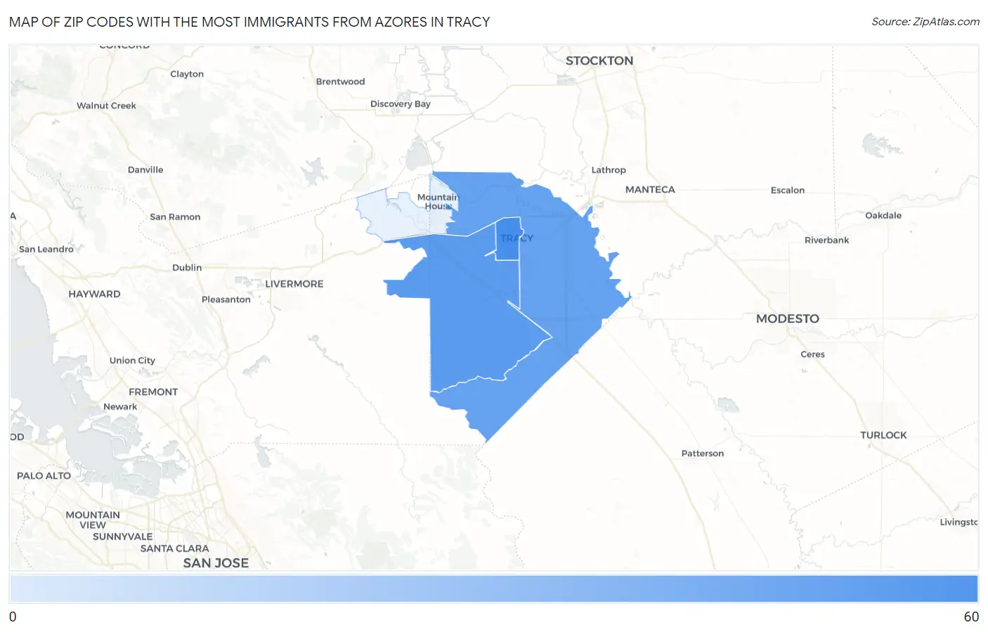 Zip Codes with the Most Immigrants from Azores in Tracy Map