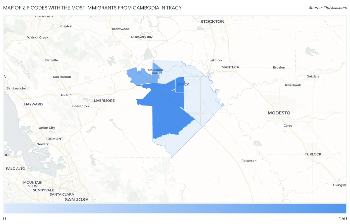 Zip Codes with the Most Immigrants from Cambodia in Tracy Map