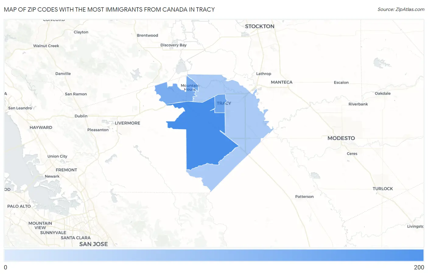Zip Codes with the Most Immigrants from Canada in Tracy Map