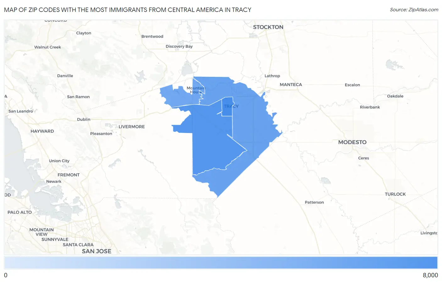 Zip Codes with the Most Immigrants from Central America in Tracy Map